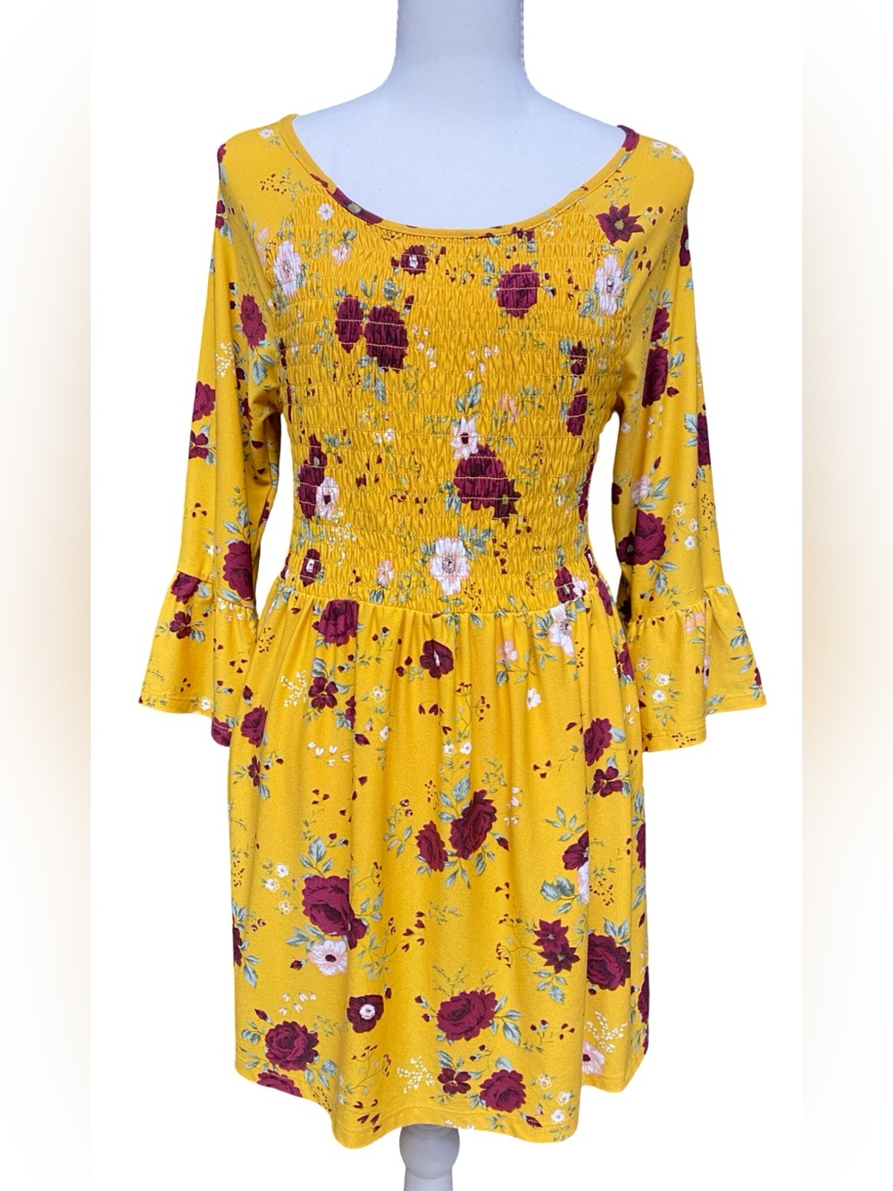 Bobbie Brooks Yellow Floral Smocked Dress Women’s Medium Bell Sleeve Boho Dress